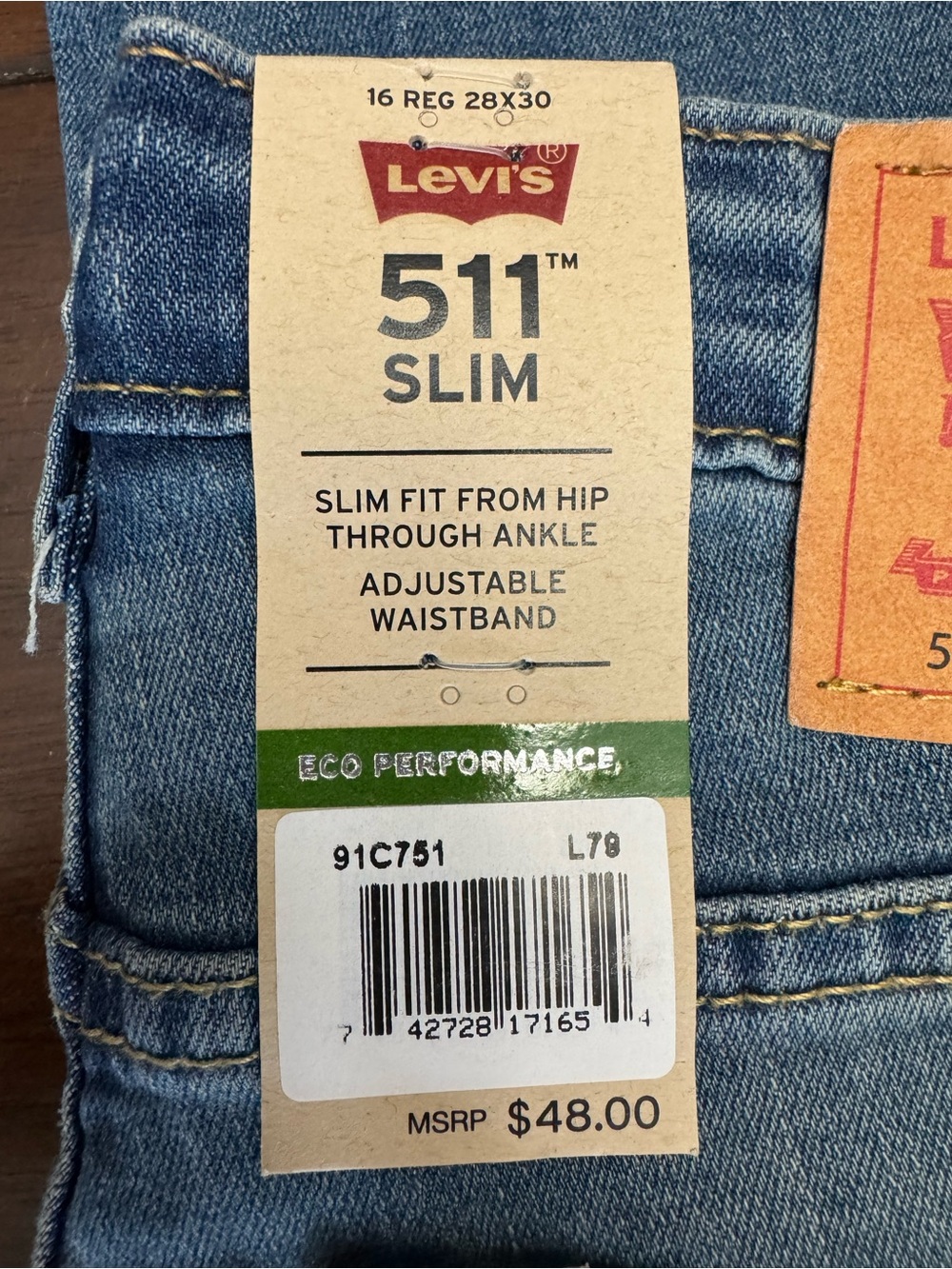 NWT Levi’s 511 Slim Fit Boys Jeans Eco Performance Flex Stretch Medium Wash - Picture 3 of 8